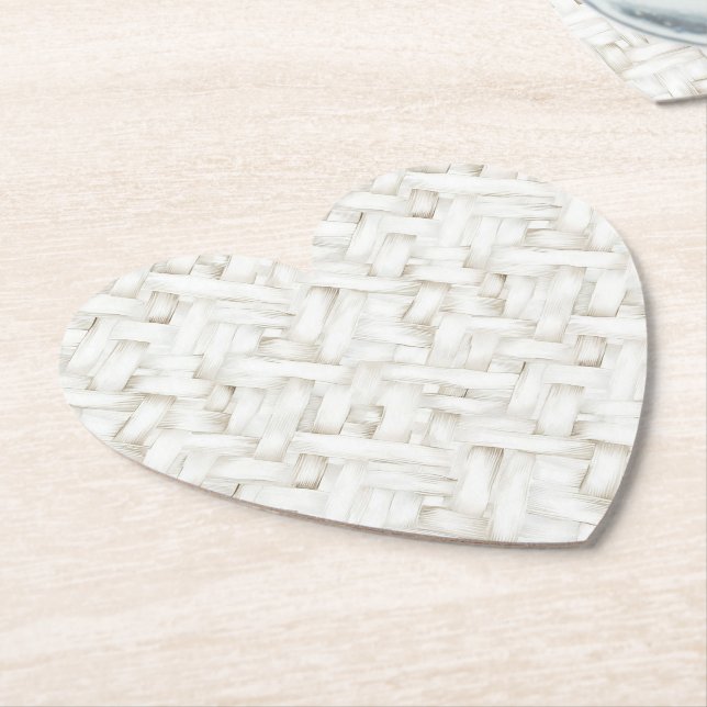Woven white basket weave wedding paper coaster (Angled)