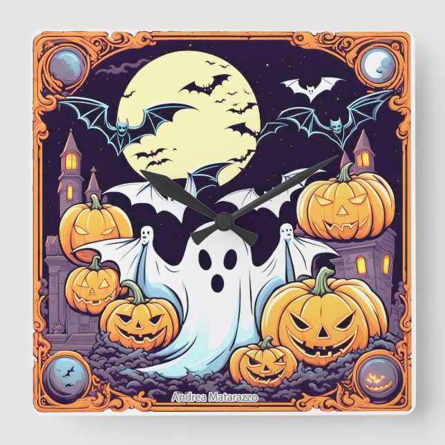 Wow Halloween Thrill Square Wall Clock (Front)