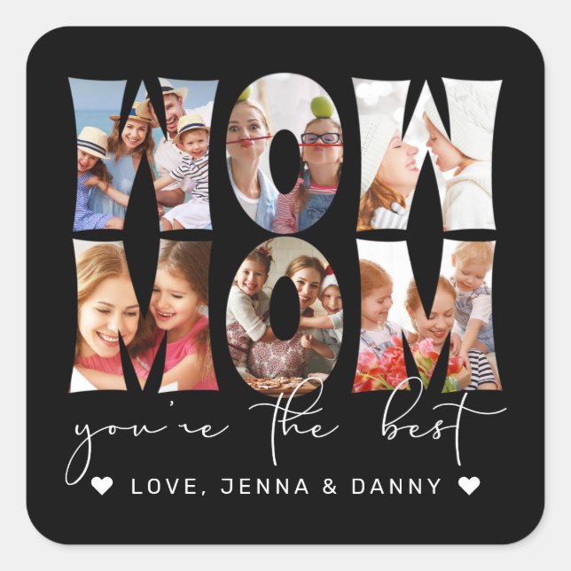 Wow Mum Quote Modern Black 6 Photo Collage Square Sticker (Front)