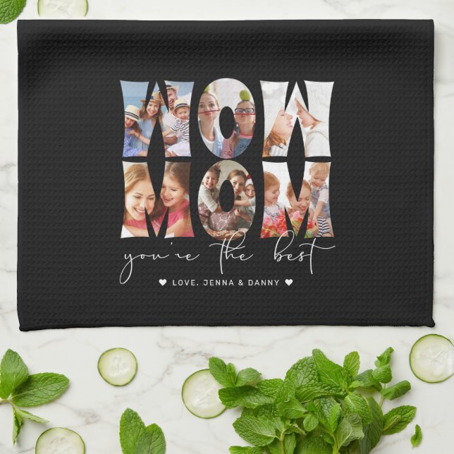 Wow Mum Quote Modern Black 6 Photo Collage Tea Towel (Folded)