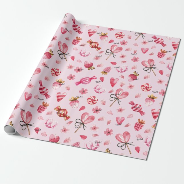 WP | Name, Candy & Hearts 29in by 6ft Valentines Wrapping Paper (Unrolled)