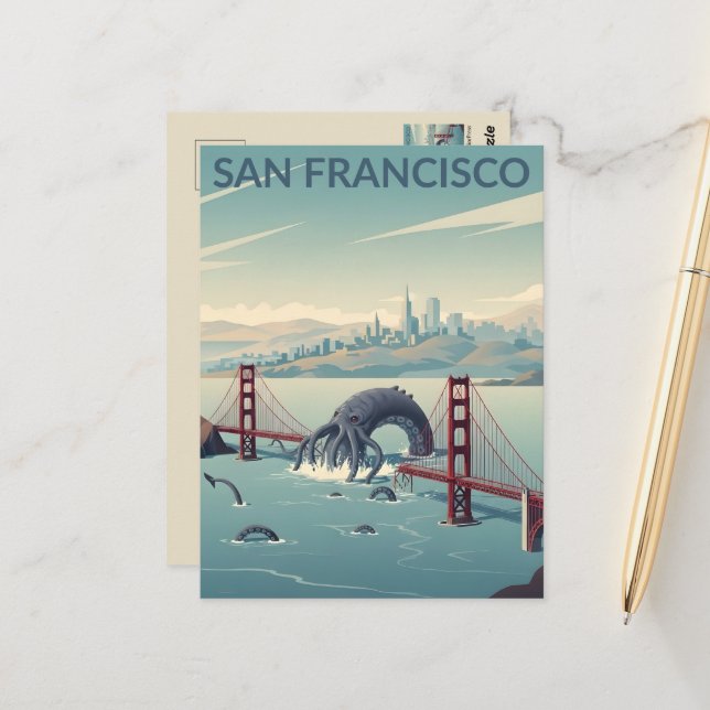 WPA‑Style San Francisco Cryptid Postcard (Front/Back In Situ)