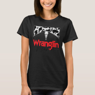 Wranglin Mama Red Bull Skull Leopard Western Cowhi T-Shirt