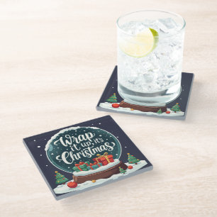 Wrap It Up It’s Christmas Snow Globe Design Glass Coaster