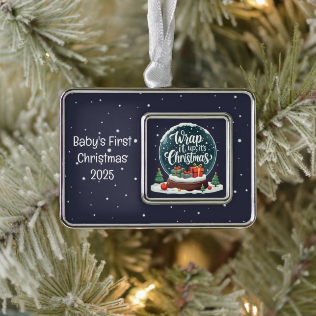 Wrap It Up It’s Christmas Snow Globe Design Silver Plated Framed Ornament (Tree)