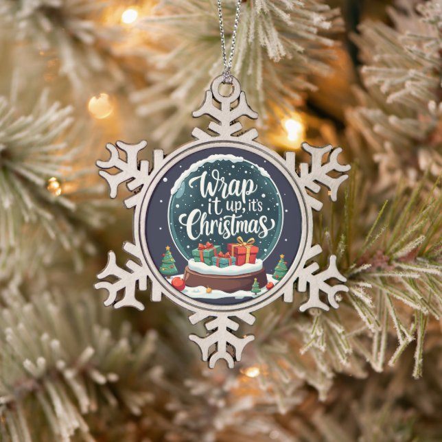Wrap It Up It’s Christmas Snow Globe Design Snowflake Pewter Christmas Ornament (Tree)