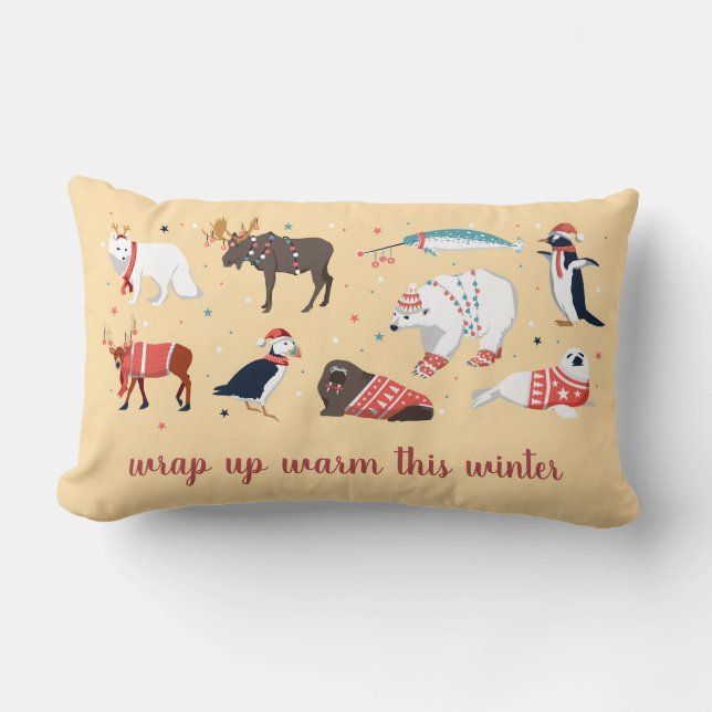 Wrap Up Warm Winter Animals Folk Art Christmas Lumbar Cushion (Front)