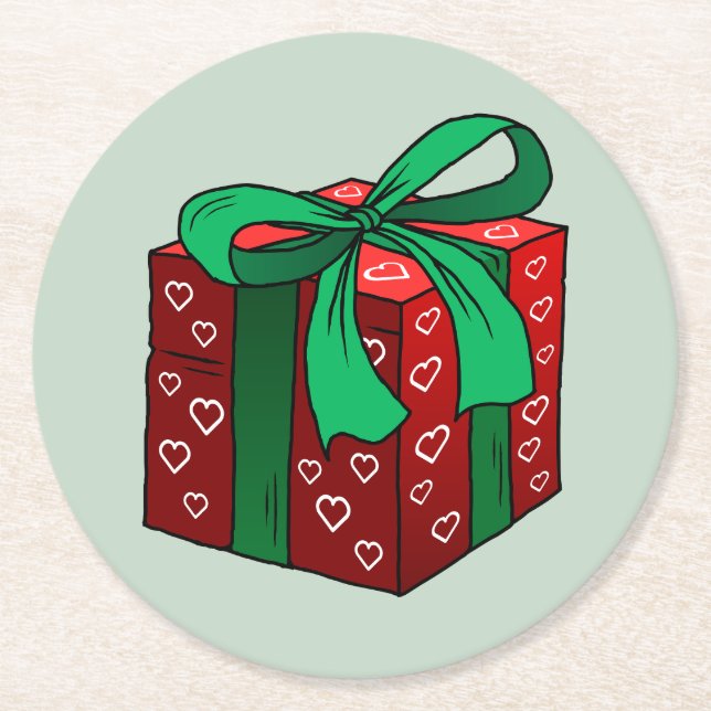 Wrapped Christmas Gift Round Paper Coaster (Front)