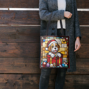 Wrapped Christmas Puppy Faux Stained Glass Tote Bag