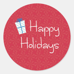 Wrapped Gift with Red Peppermint Happy Holidays Classic Round Sticker
