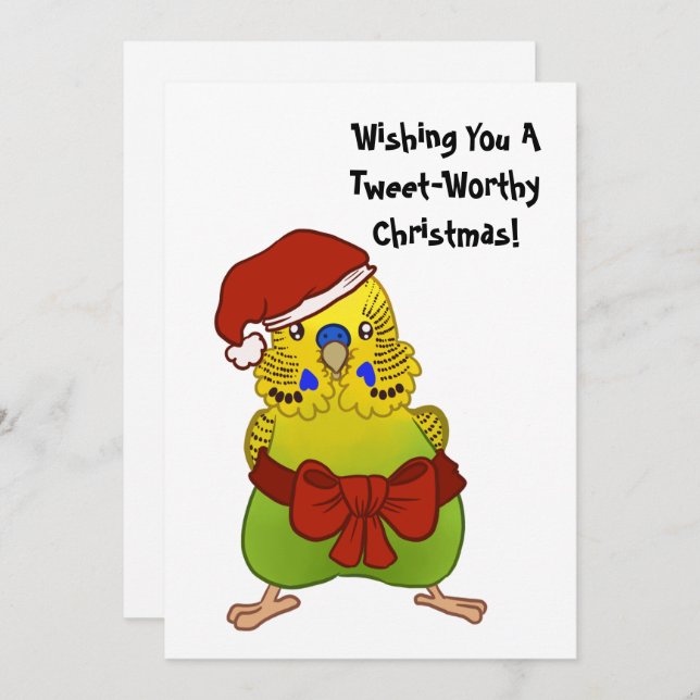 Wrapped-in-a-Bow Budgie Christmas Flat Card (Front/Back)