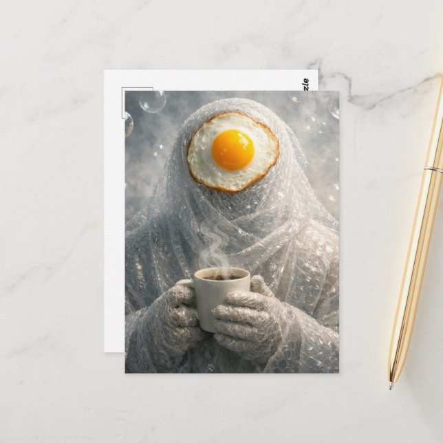 Wrapped in Bubble Surreal Breakfast Fried Egg  Postcard (Front/Back In Situ)