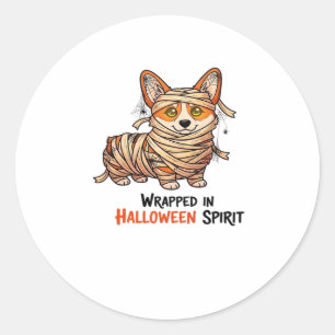 Wrapped in Halloween Spirit � Mummy Corgi with Spi Classic Round Sticker