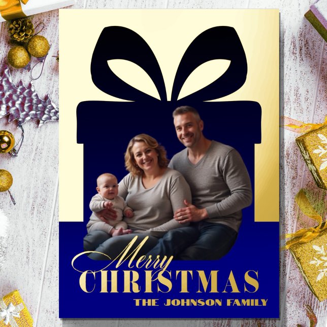 Wrapped in Love - Christmas Family Blue Gold Foil Holiday Card (Creator Uploaded)