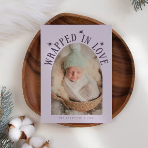 Wrapped In Love Purple Photo Birth  Announcement