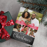 Wrapped in Red | Holiday Photo Collage Card<br><div class="desc">Festive holiday photo card features four of your favourite images adorned with a red watercolor ribbon bow illustration. "Merry Christmas" appears beneath in white lettering on a rustic chalkboard background. Personalise with your names and the year.</div>