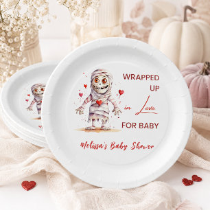 Wrapped Up in Love Mummy Halloween Baby Shower Paper Plate