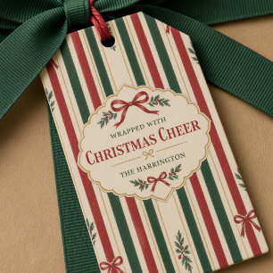 Wrapped With Christmas Cheer Vintage Bow Stripes Gift Tags