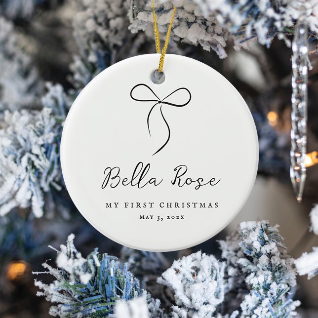Wrapped With Love Black Bow First Christmas Photo Ceramic Ornament (Wrapped With Love Black Bow First Christmas Photo Ceramic Ornament)