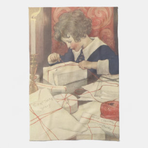 Wrapping Christmas Presents, Jessie Willcox Smith Tea Towel