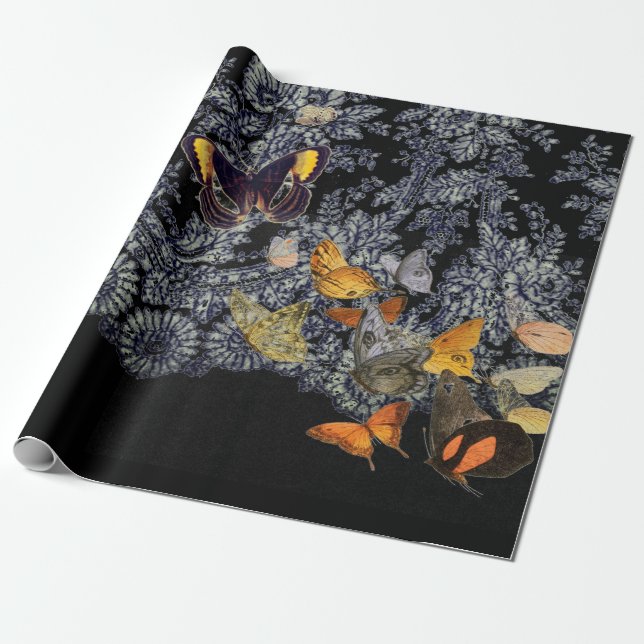 Wrapping Paper BLACK LACE PATTERN WITH BUTTERFLIES (Unrolled)