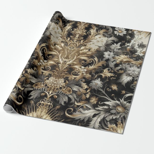 Wrapping Paper - Black, White, Gold Floral  (Unrolled)