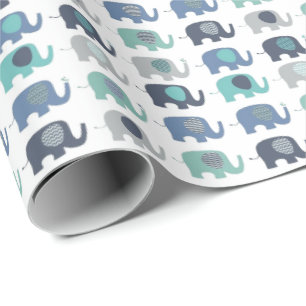 Wrapping Paper - Blue, Green & Gray Elephants