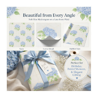 Wrapping Paper   Blue Hydrangea   Luxe Ivory Plaid