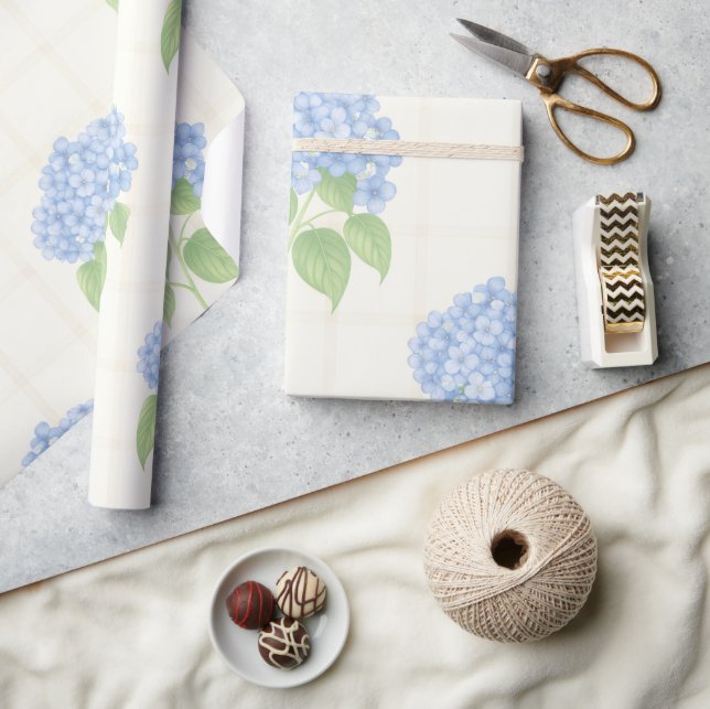 Wrapping Paper | Blue Hydrangea | Luxe Ivory Plaid (Crafts)