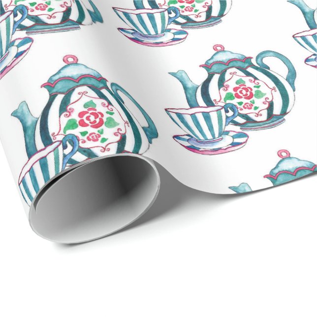 Wrapping Paper - Blue Striped Teapot, Cup & Saucer (Roll Corner)