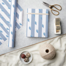 Wrapping Paper Blue & White Stripe Blue Leaf