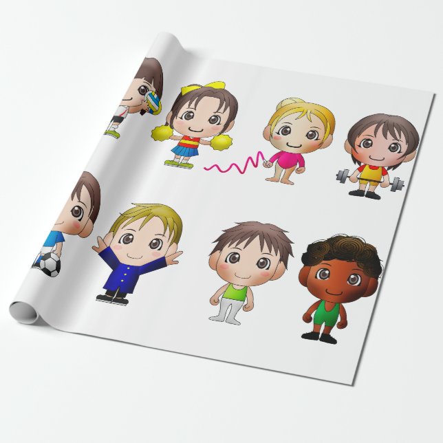 wrapping paper cartoon sports characters. (Unrolled)