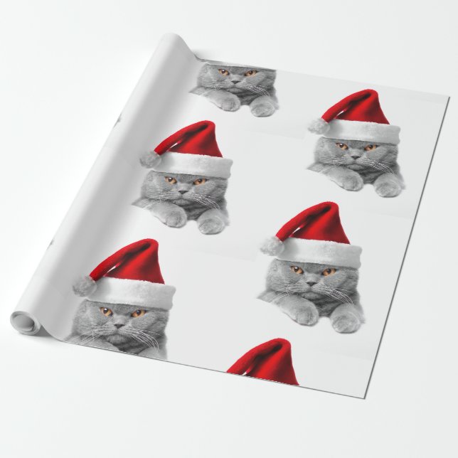 Wrapping Paper Christmas Grey Cat with Santa hat (Unrolled)