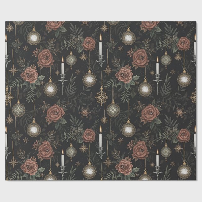 Wrapping Paper – Crimson Roses, Gold Ornaments  (Flat)