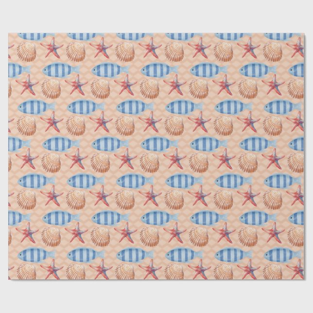 Wrapping Paper Fish Starfish Shell Ocean Pattern (Flat)