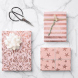 Wrapping Paper Flat Sheet Set of 3<br><div class="desc">A selection of rose gold metallic stripes and blush pink,  with damask,  chevrons,  and metallic rose gold stripes patterns. A festive modern three pack of wrapping papers for the Christmas holidays.</div>