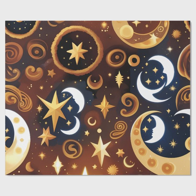 Wrapping Paper -Golden Ochre Celestial Moon Patten (Flat)