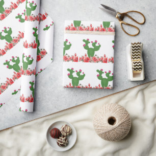 Wrapping Paper Green Cactus Orange Flowers Floral 