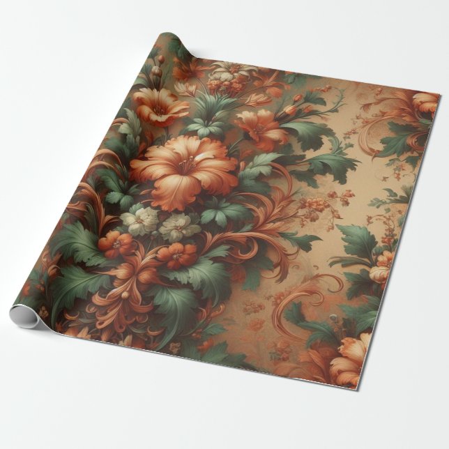 Wrapping Paper - Orange Cream Moss Green Floral  (Unrolled)