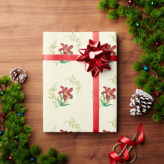 Wrapping Paper Pattern Orange Lily Leafy Green (Holiday Gift)