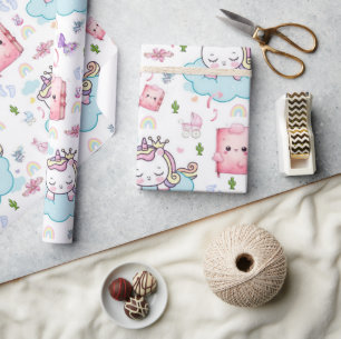 Wrapping Paper Pink Blue Baby Unicorn Cat Rainbow