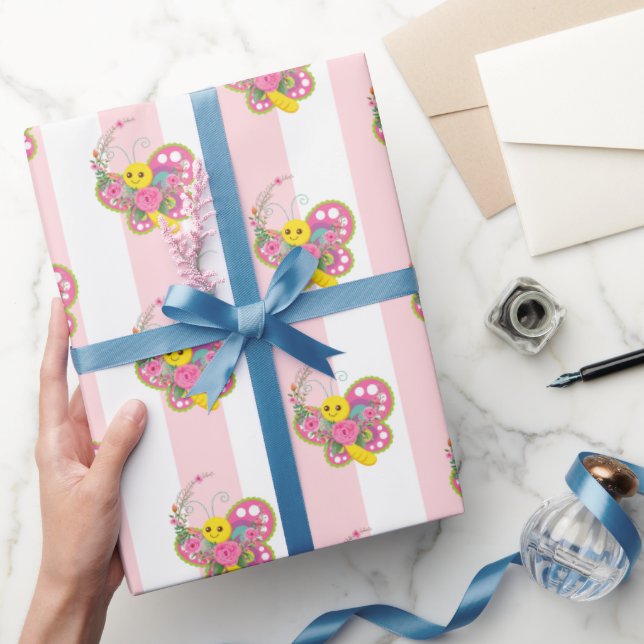 Wrapping Paper Pink & White Stripe Butterfly  (Gifting)