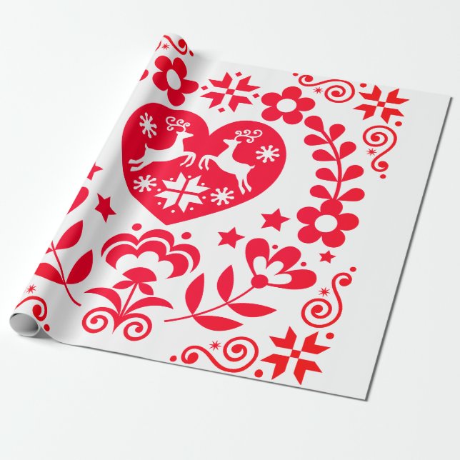 Wrapping Paper RED SCANDINAVIAN CHRISTMAS DESIGN (Unrolled)