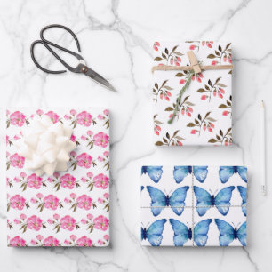 Wrapping Paper Set of 3 - Floral Butterfly Design