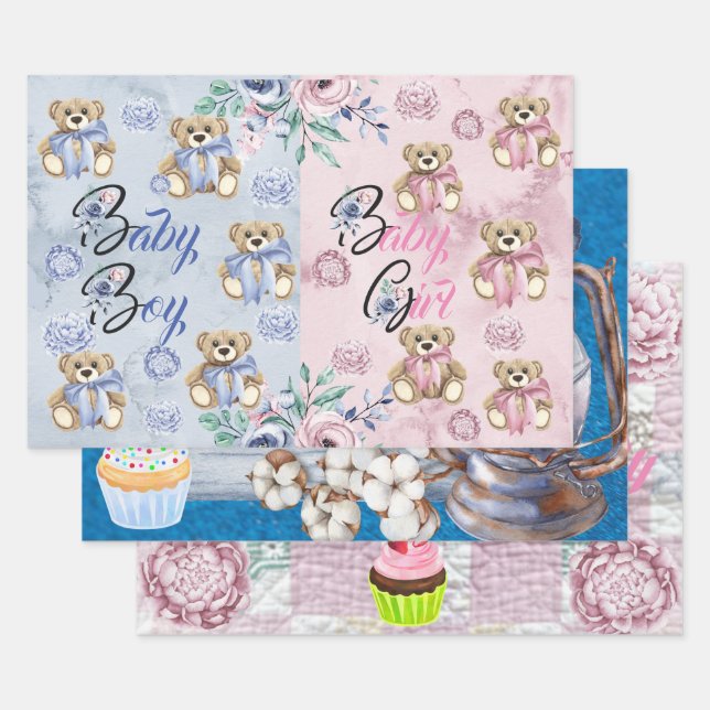 Wrapping Paper Sheet Set of 3 Gender Reveal, 1st B (Set)