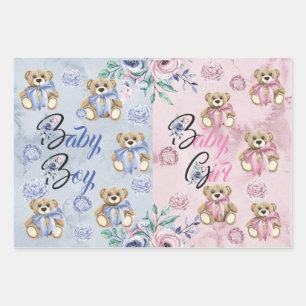 Wrapping Paper Sheet Set of 3 Gender Reveal, B/G