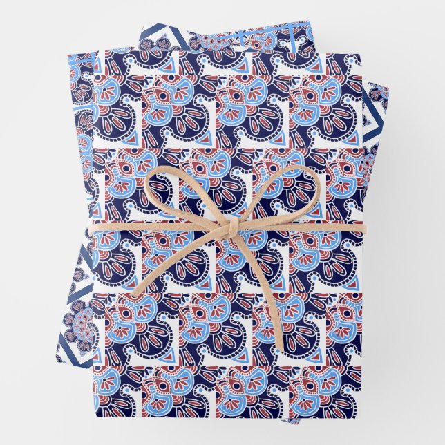 Wrapping paper sheets, blue tile set of 3 (In situ)