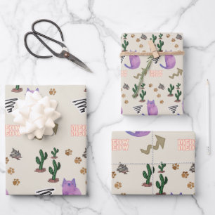 Wrapping Paper Sheets Cat Fish Cactus Paws Meow
