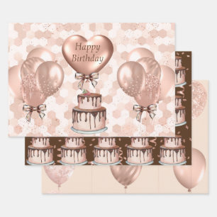 Wrapping Paper Sheets Set of 3 Rose Gold Birthday