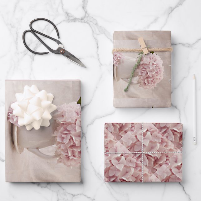 Wrapping Sht. Qty 3 Simplicity Hydrangeas in Pink Wrapping Paper Sheet (Front)